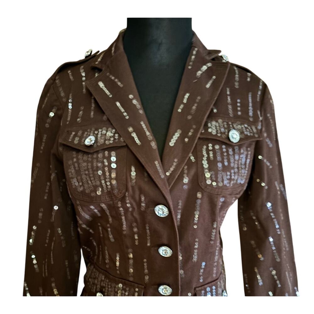Cache Brown Sequin Encrusted Gemstone Buttons Jacket Top Fitted Stretch $198 NWT